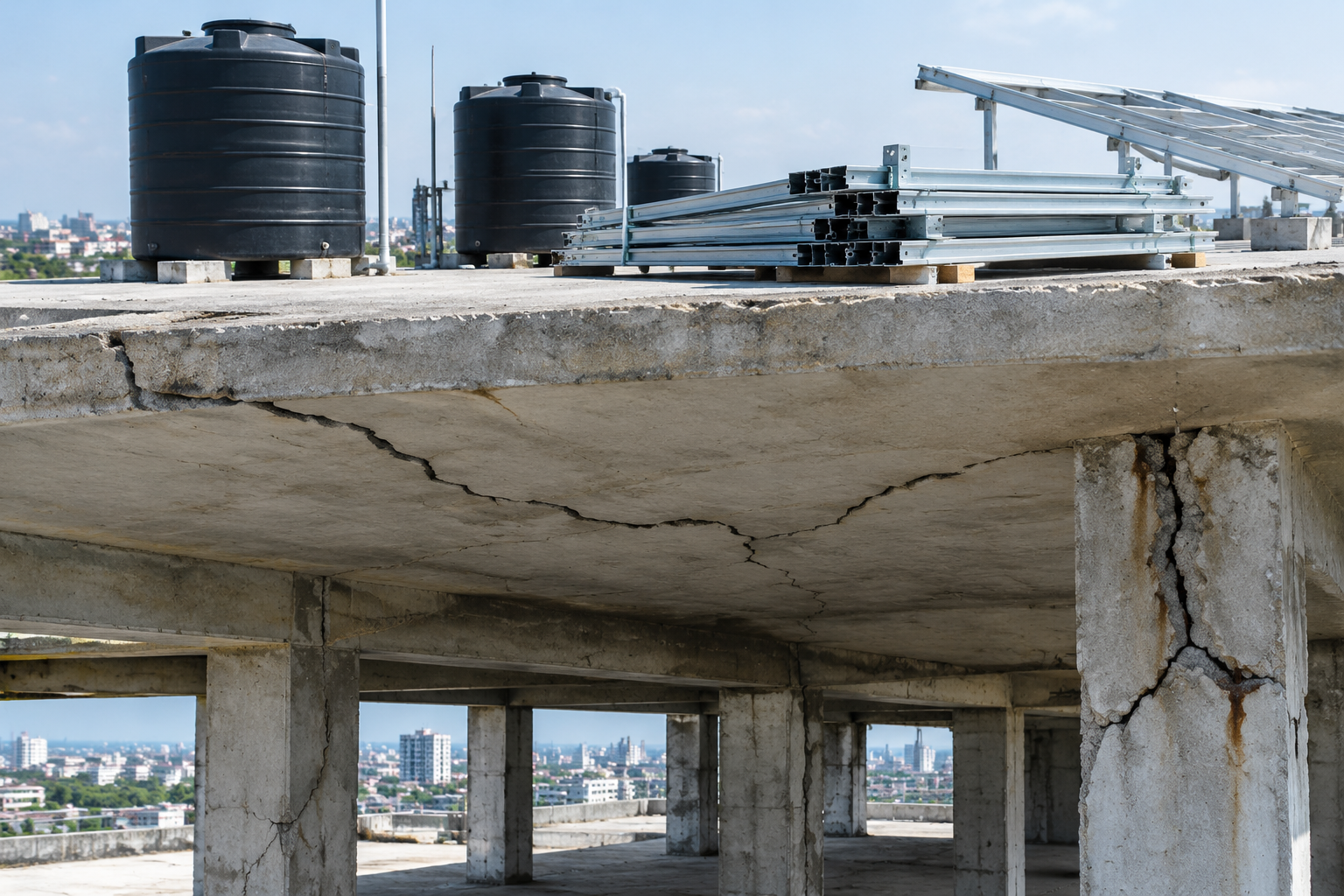 Overloaded slab, roof and column defects