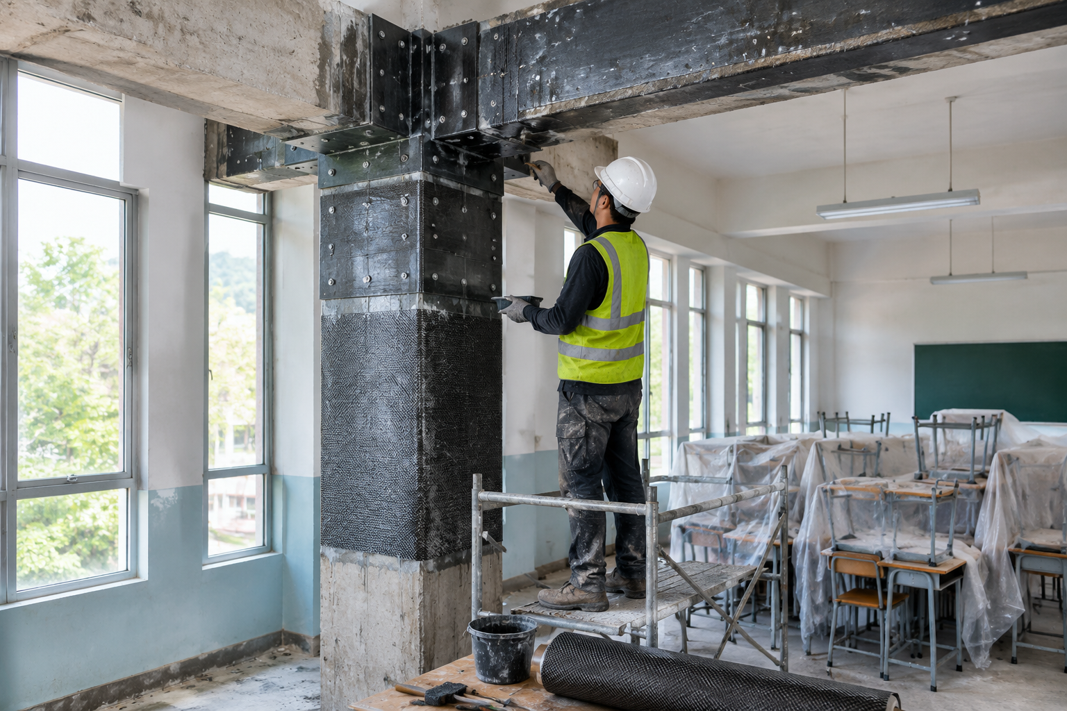 Worker carrying out beam and column strengthening