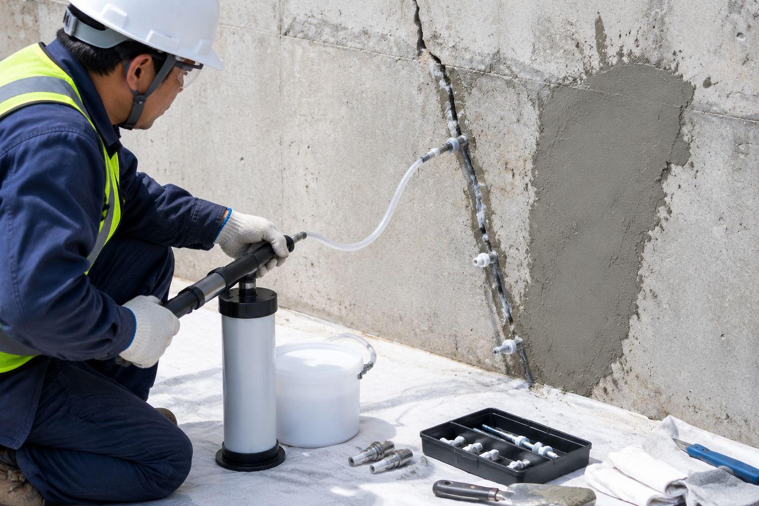 Worker repairing cracked concrete